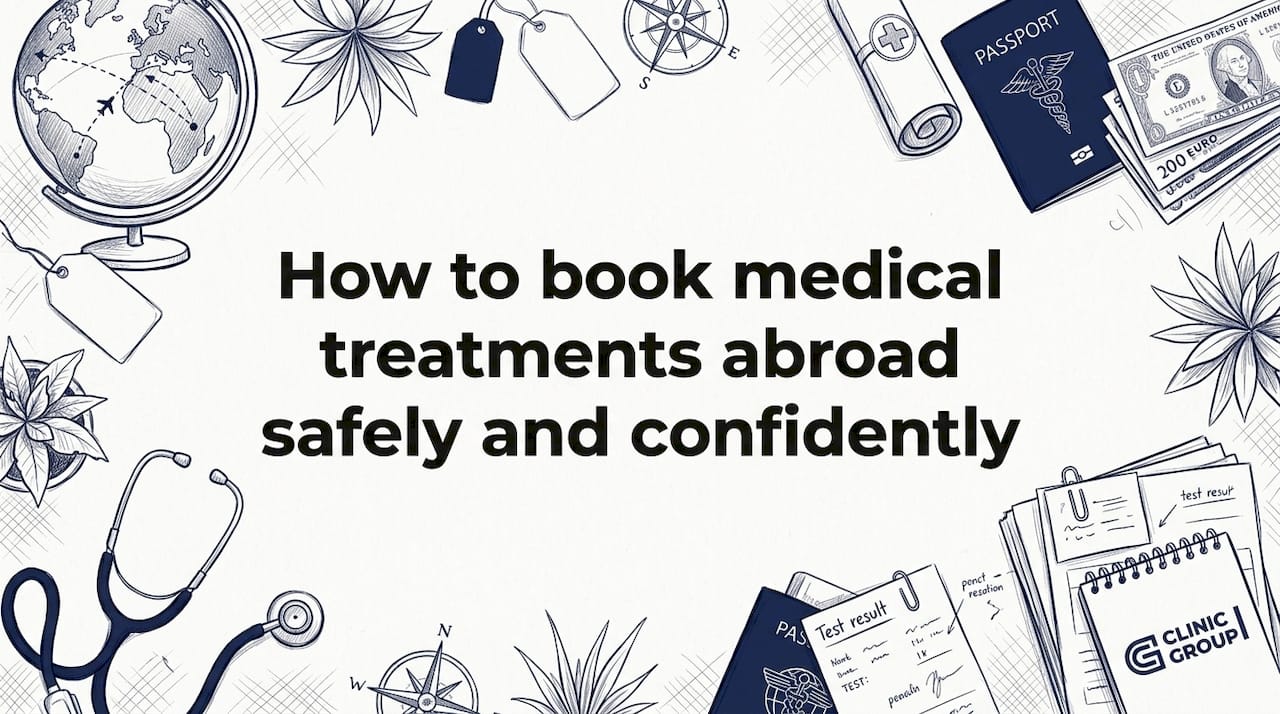 Decorative blog title card with medical travel props