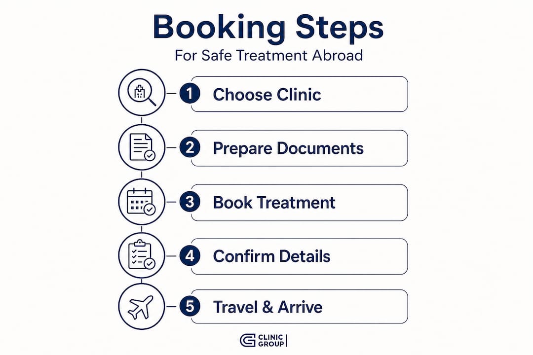 Infographic shows booking steps for safe abroad treatment