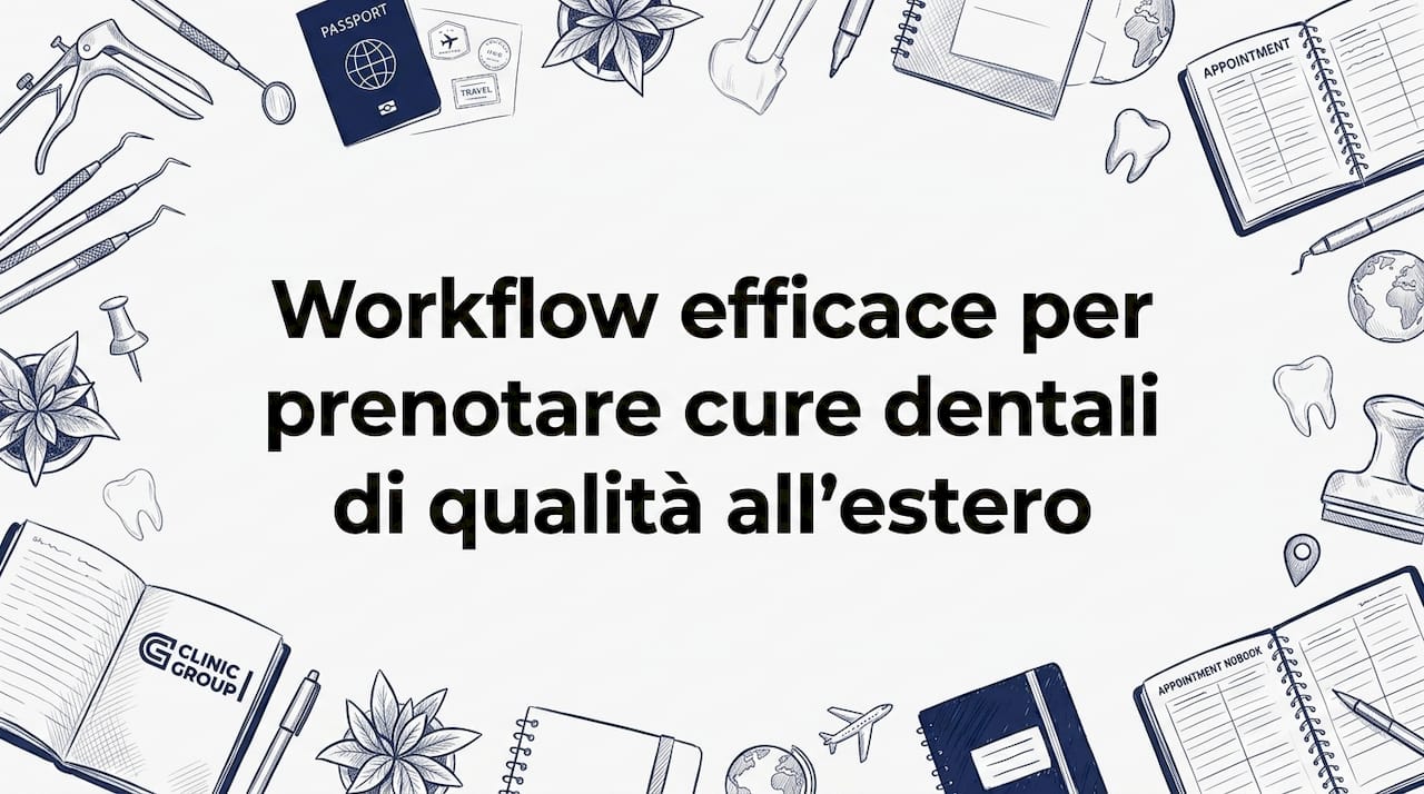 Cartellino decorativo con strumenti odontoiatrici e accessori da viaggio