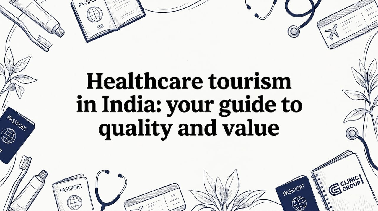 Artistic medical travel objects around a clear title space