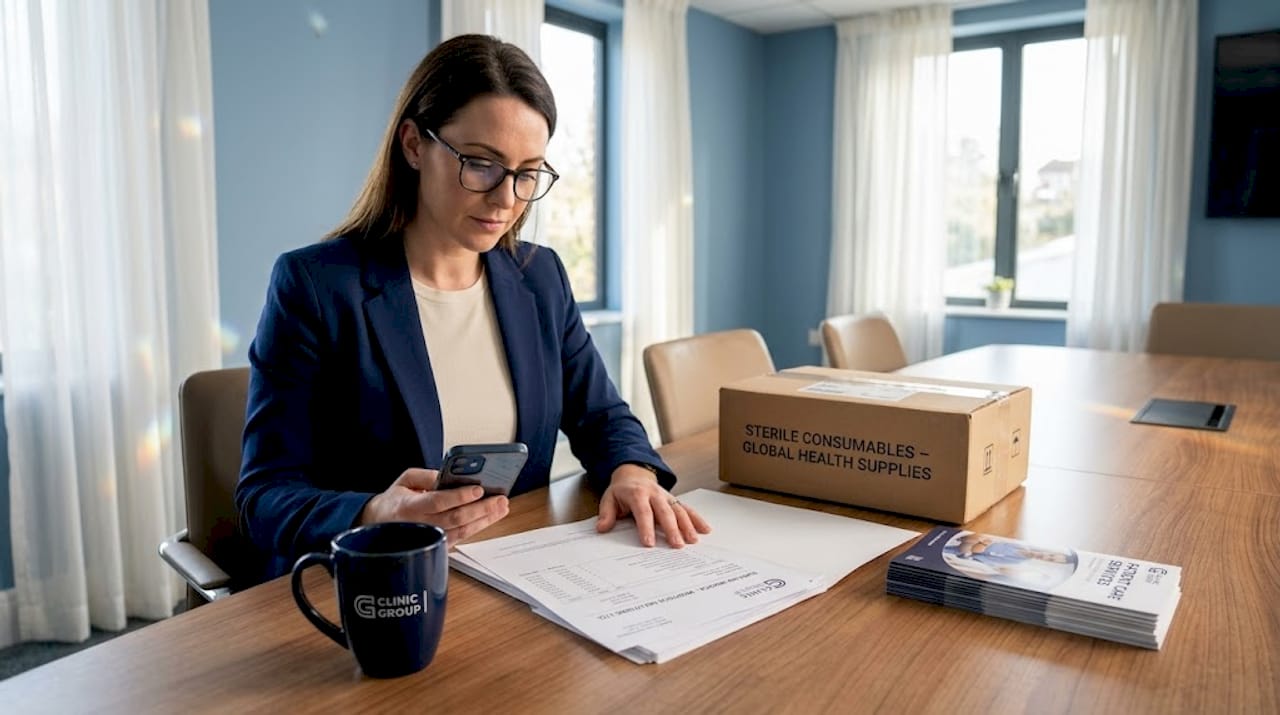 Administrator reviews product sourcing paperwork