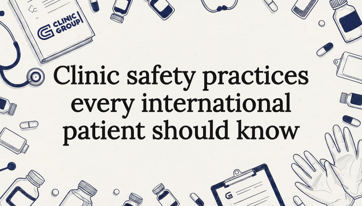 Hand-drawn medical tools framing title area