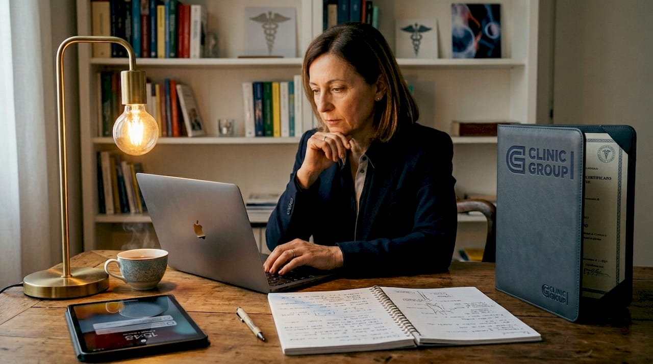 Donna che controlla le credenziali della clinica comodamente da casa