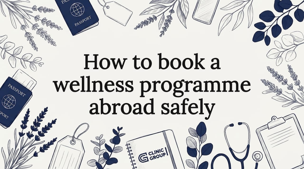 Hand-drawn wellness title card with botanicals and travel props