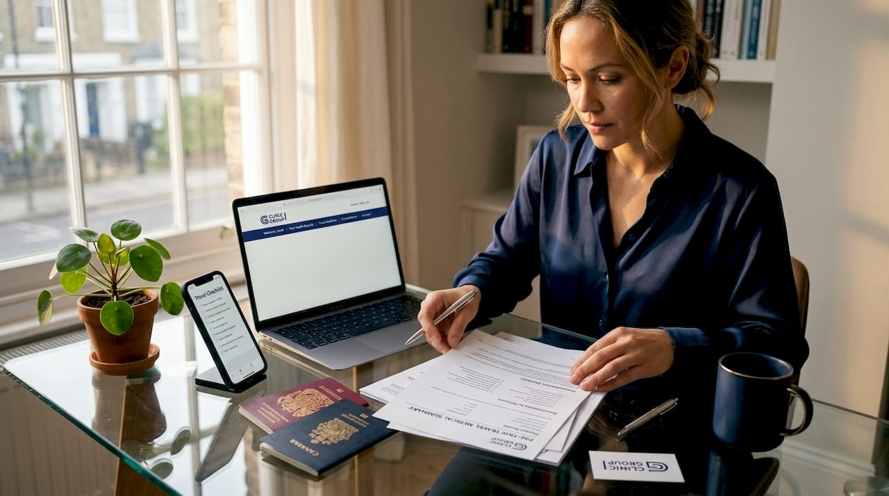 Woman sorting travel and medical papers at kitchen table