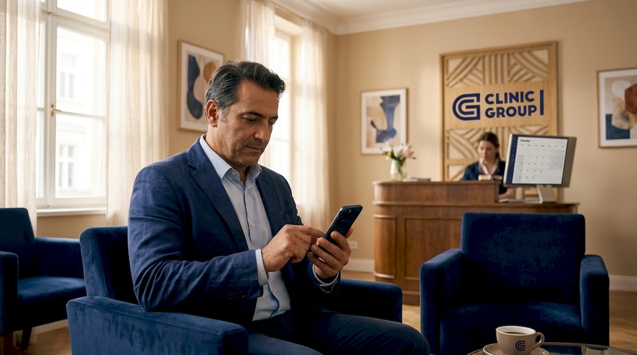 Man booking appointment in clinic waiting room
