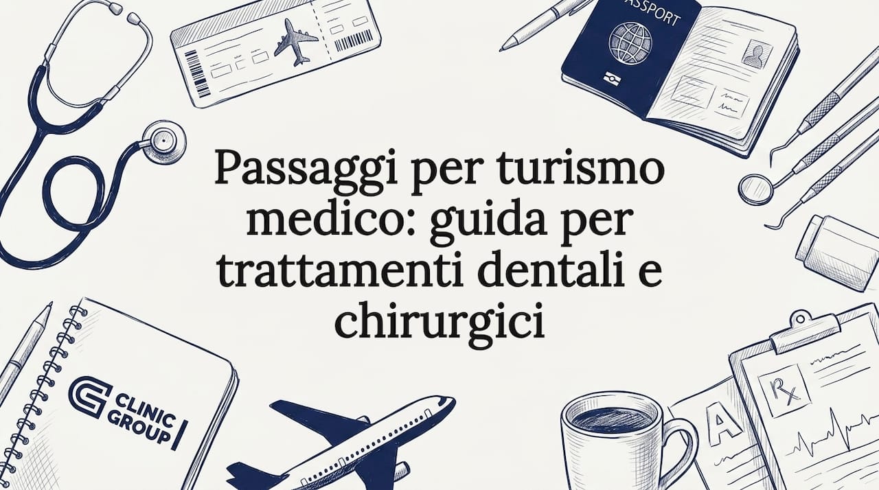 Cartello introduttivo elegante con illustrazioni a tema medico e di viaggio