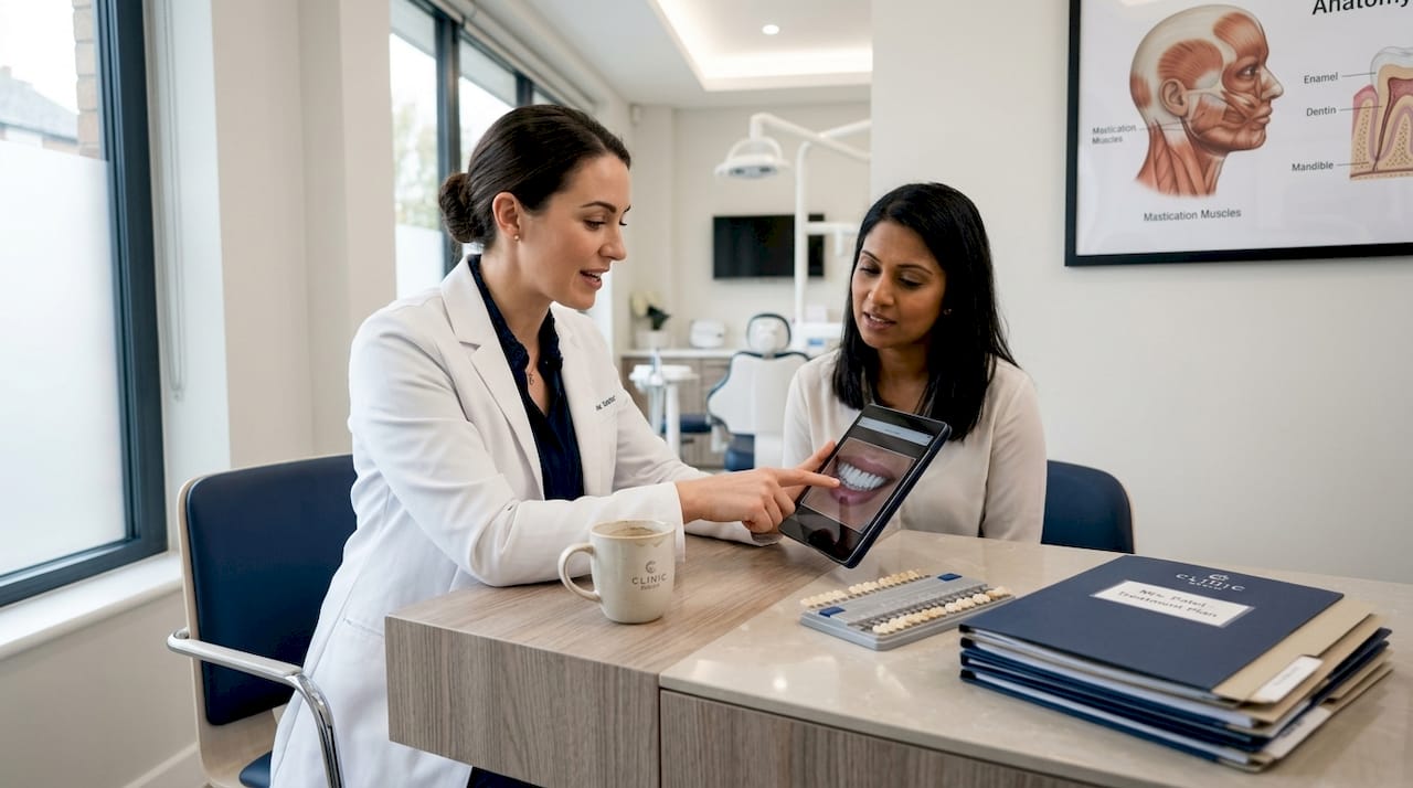 Dentist consulting patient in clinic
