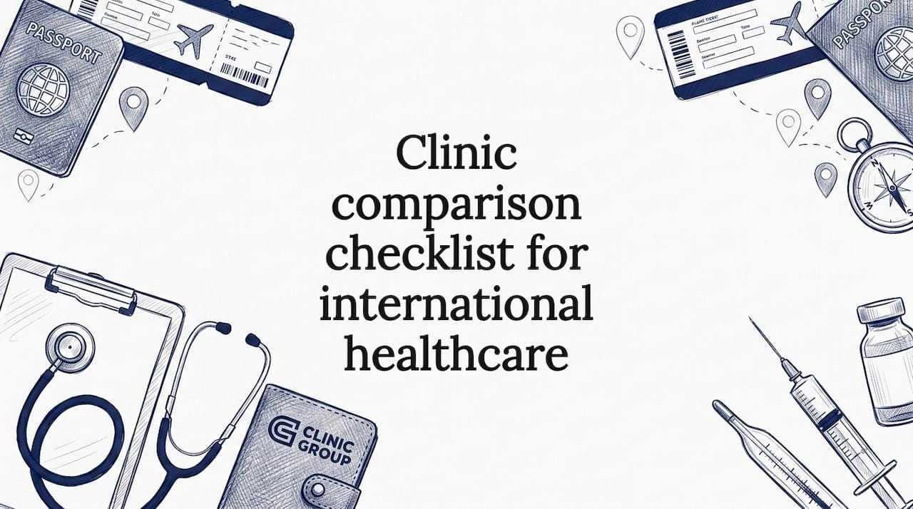 Decorative title card with hand-drawn clinic and travel props