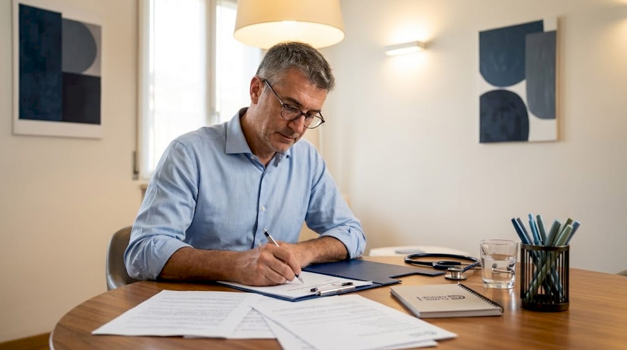 Il medico sta preparando un programma di benessere nel suo ambulatorio.
