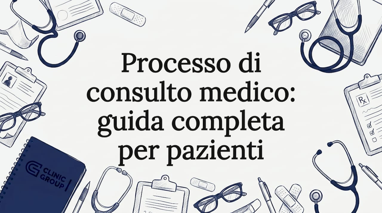 Cartello introduttivo decorato con strumenti medici illustrati a mano