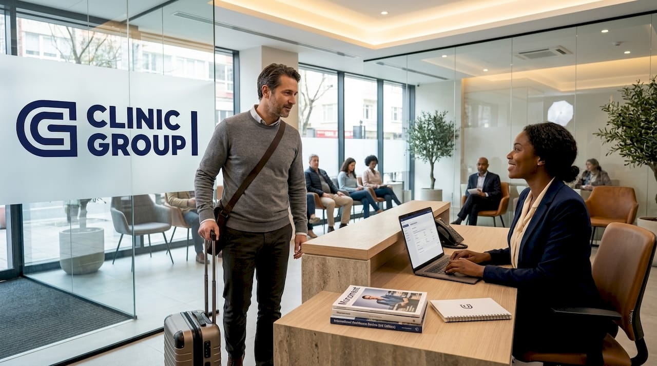 Male patient with suitcase at Turkish clinic reception