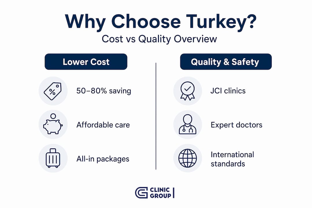 Infographic comparing cost savings and quality in Turkish clinics
