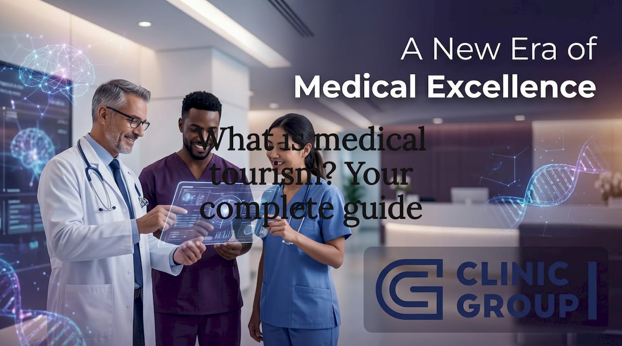 Decorative medical travel themed title card illustration