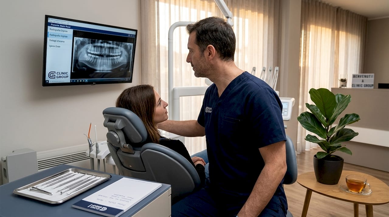 Durante la prima visita, il dentista esamina le radiografie per valutare lo stato di salute dei denti e individuare eventuali problematiche.