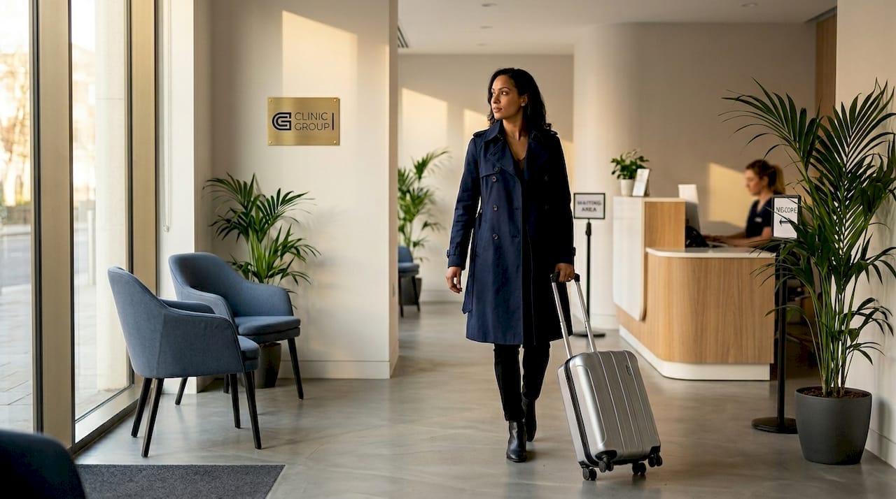 Patient arriving in European clinic reception area