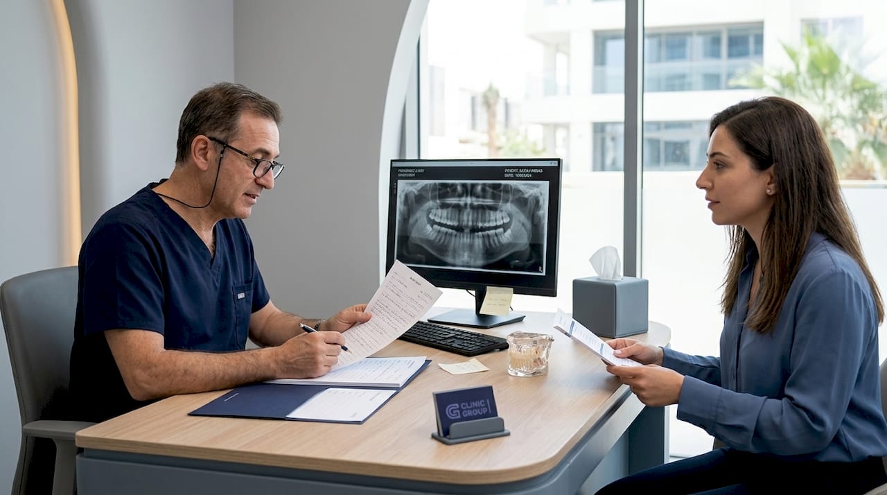 Dentist and patient in consultation office setting