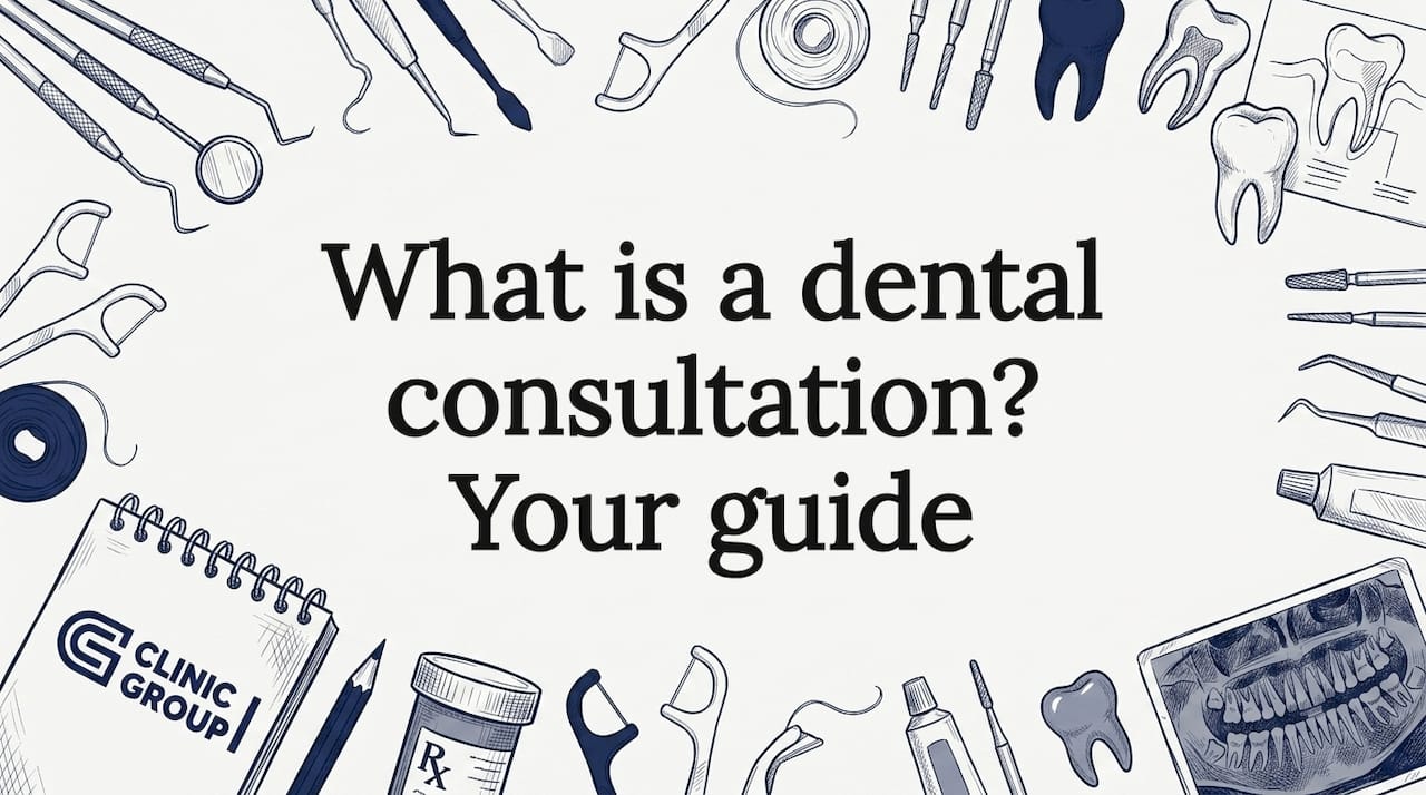 Decorative dental consultation themed title card illustration