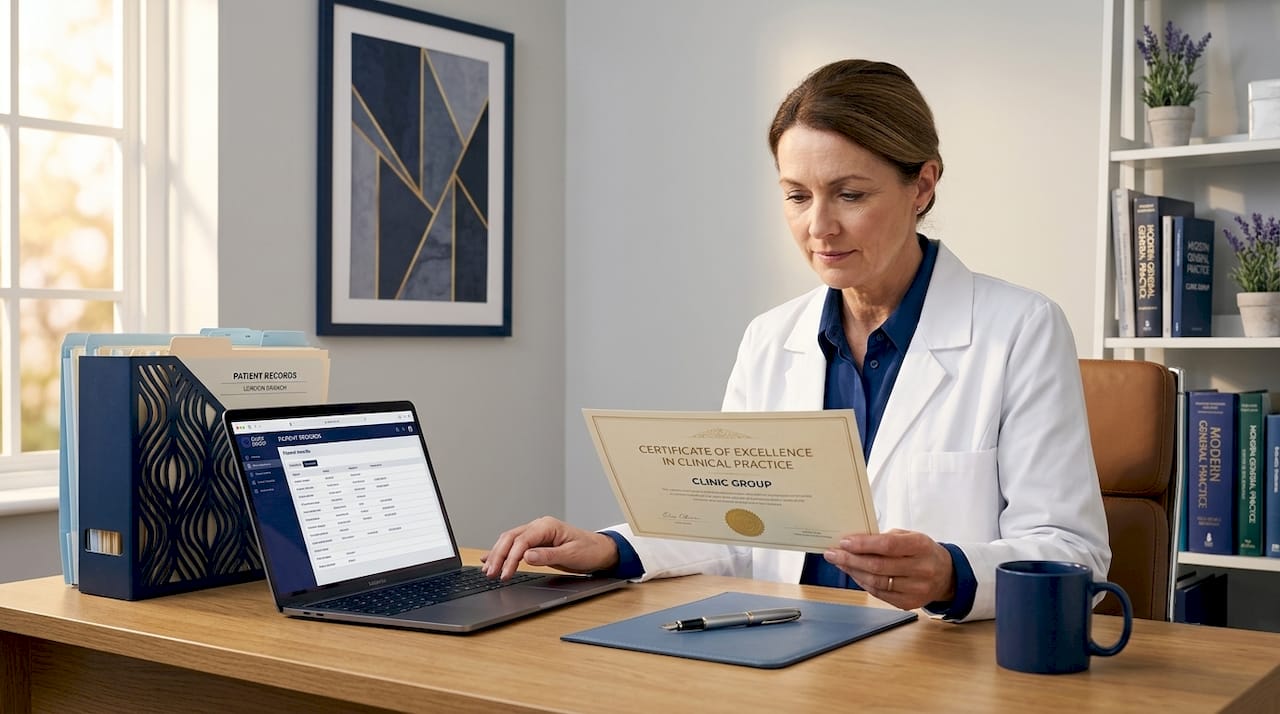 Clinician checks certificate at desk in small office