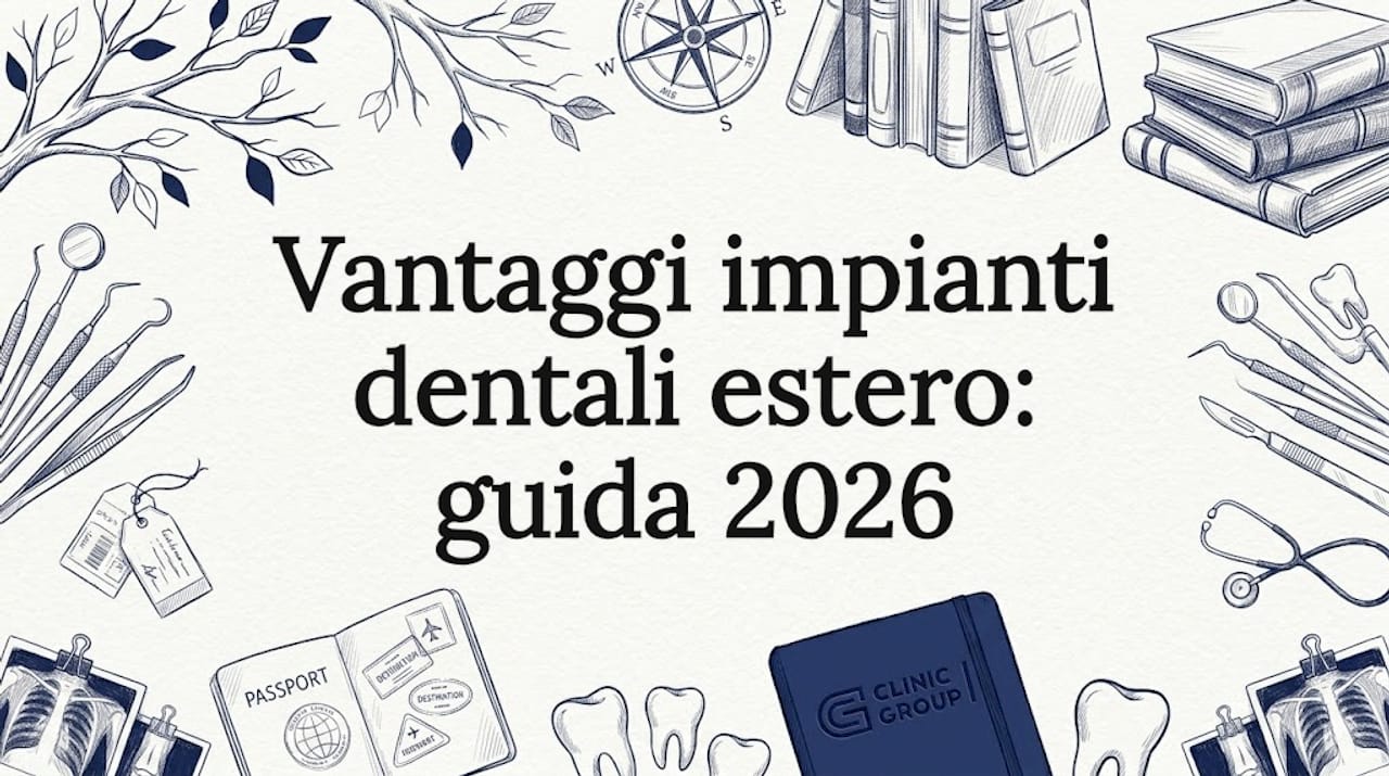 Illustrazione decorativa per una copertina, con elementi che richiamano il mondo dentistico e il tema del viaggio