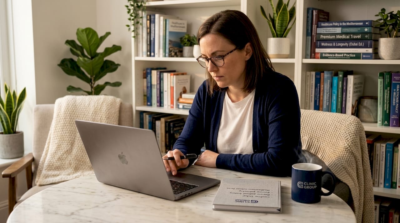 Woman reading clinic reviews on kitchen laptop