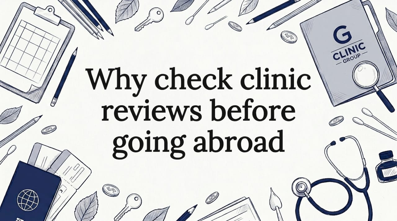 Decorative title card with clinic travel review objects