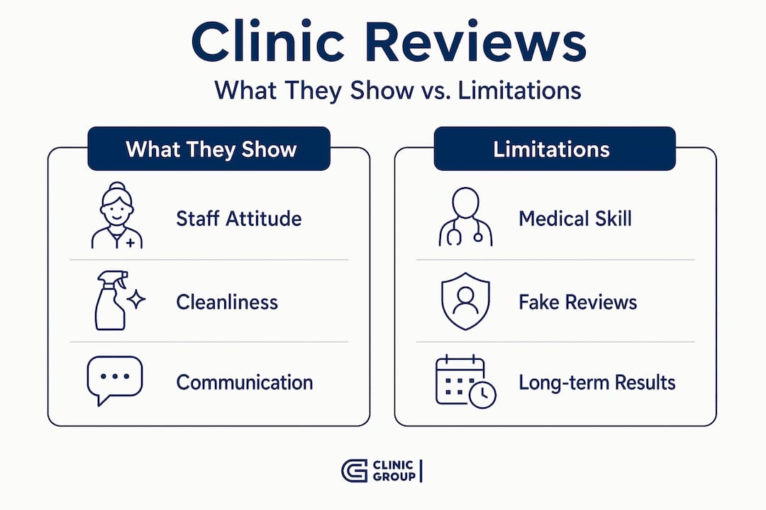 Infographic comparing clinic reviews strengths and limitations