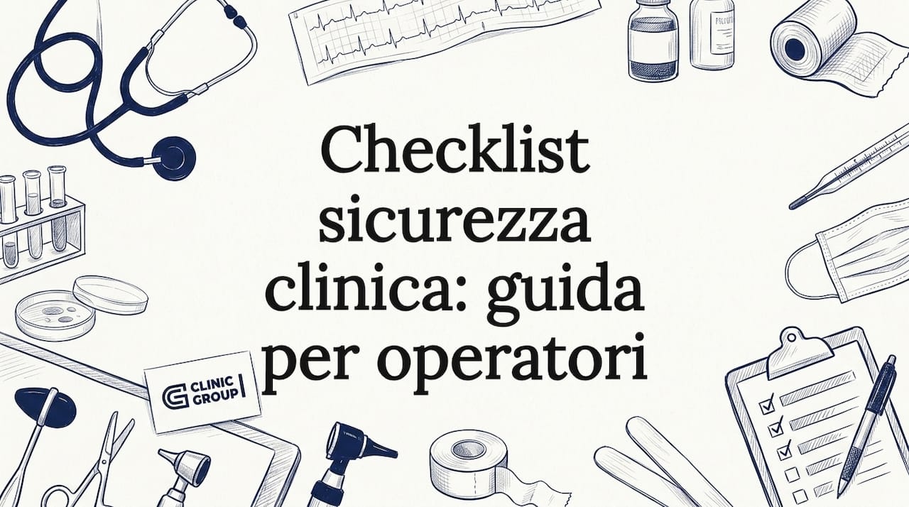 Cartello decorativo con titolo, arricchito da elementi medici posizionati negli angoli
