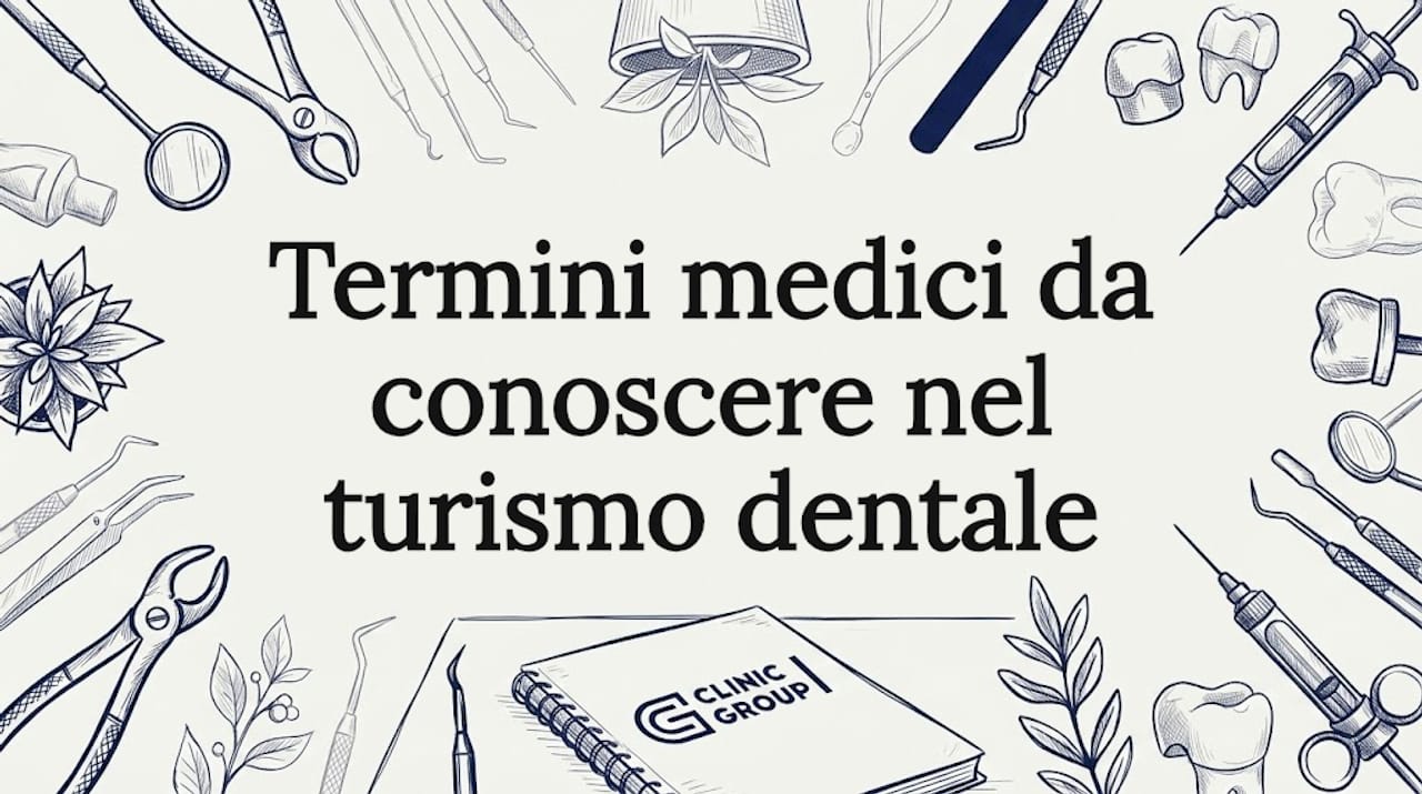 Illustrazione con una cornice composta da strumenti odontoiatrici disegnati che incorniciano il titolo