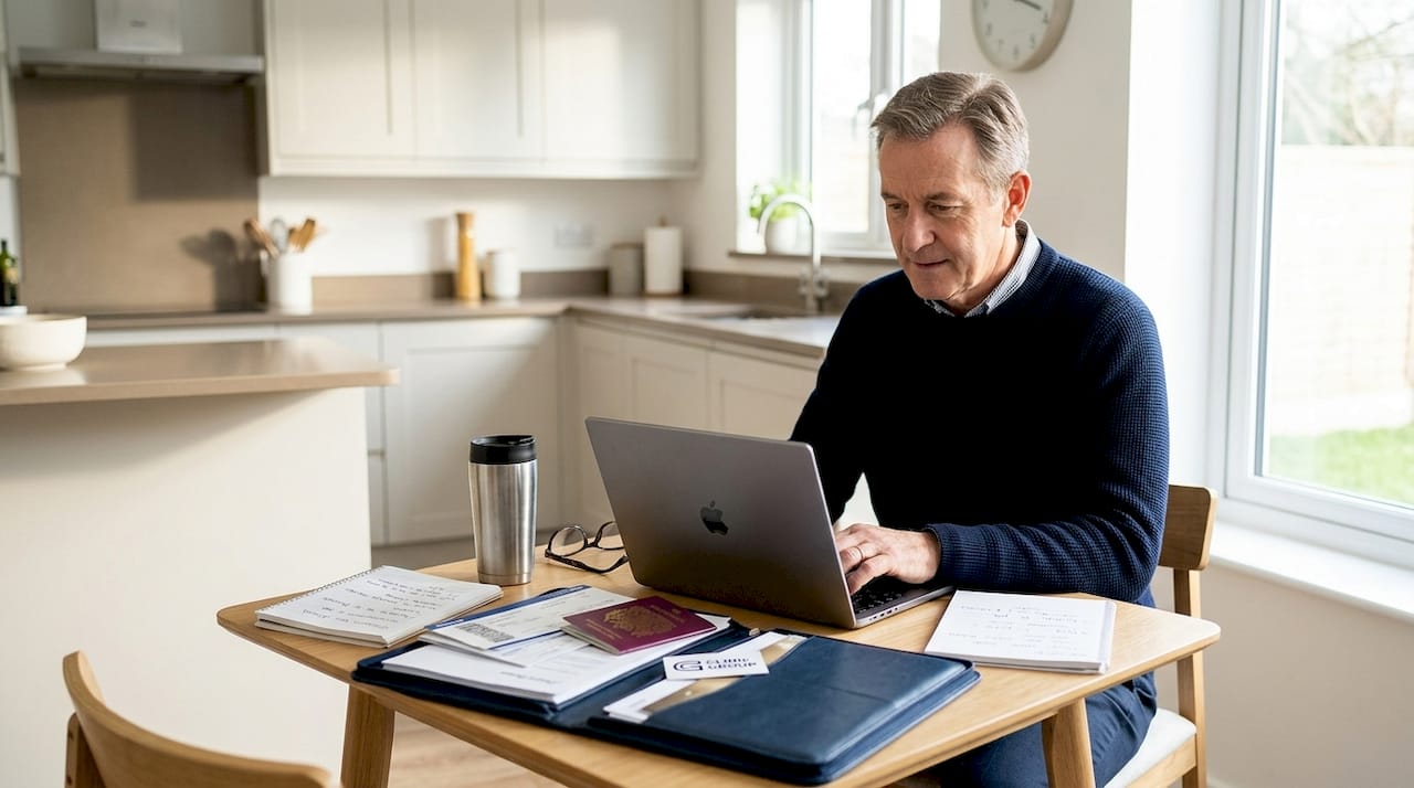 Man researches medical travel at home office