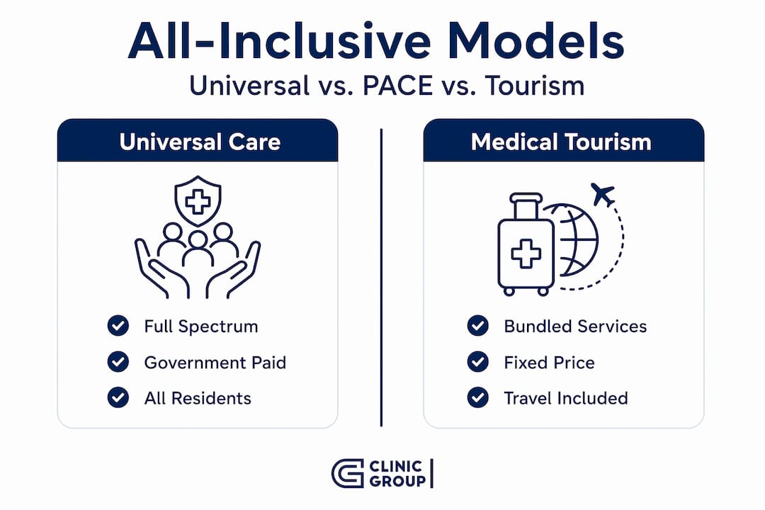 Infographic comparing universal care and medical tourism features