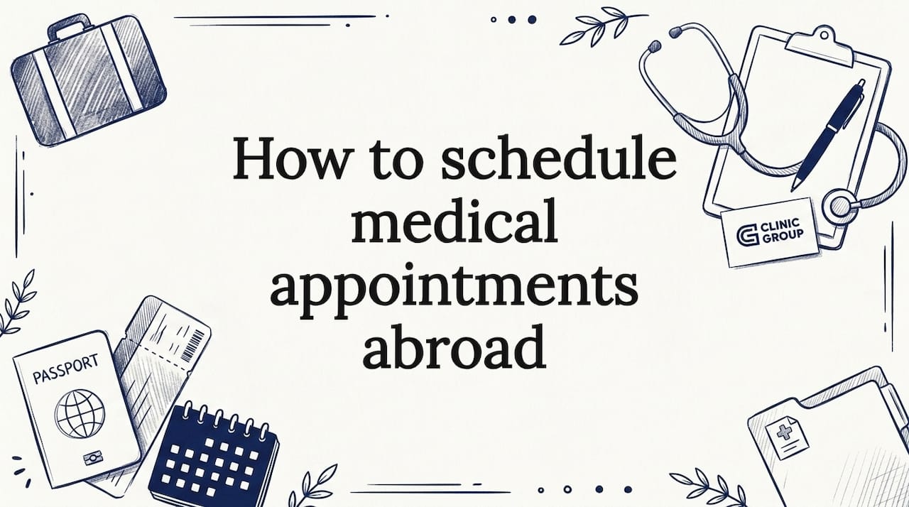 Title card with travel and medical themed sketches