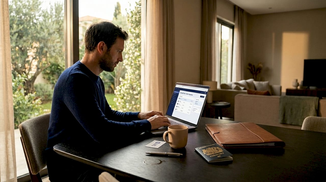 Man organizing clinic appointment with laptop and documents