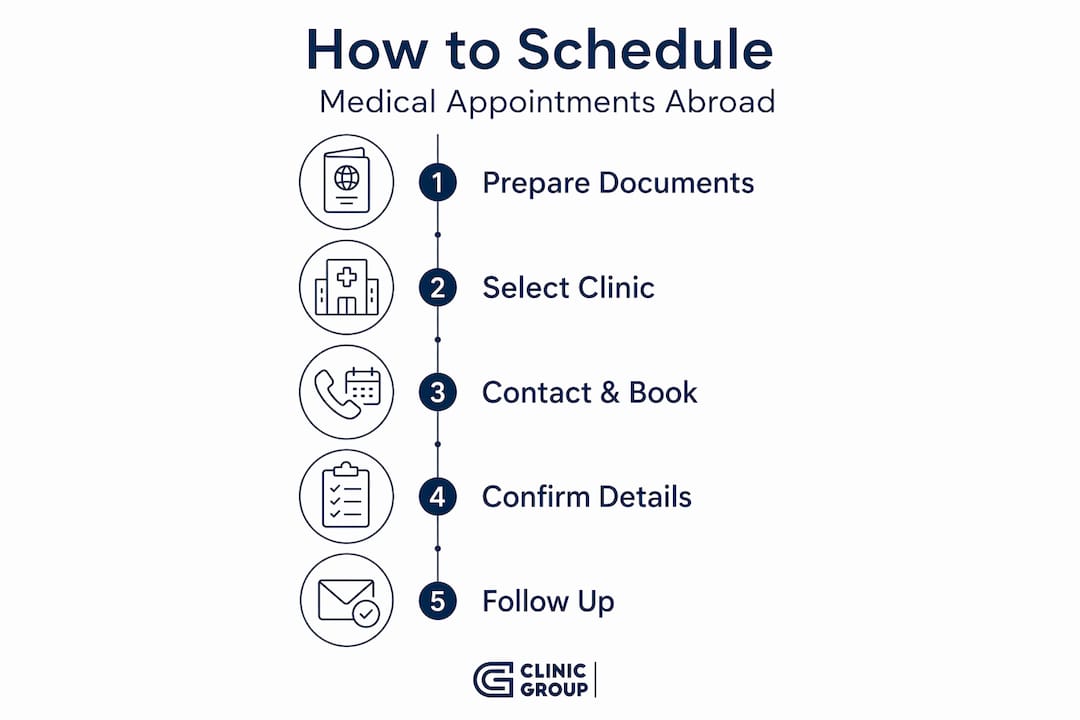 Infographic steps for booking medical appointment abroad