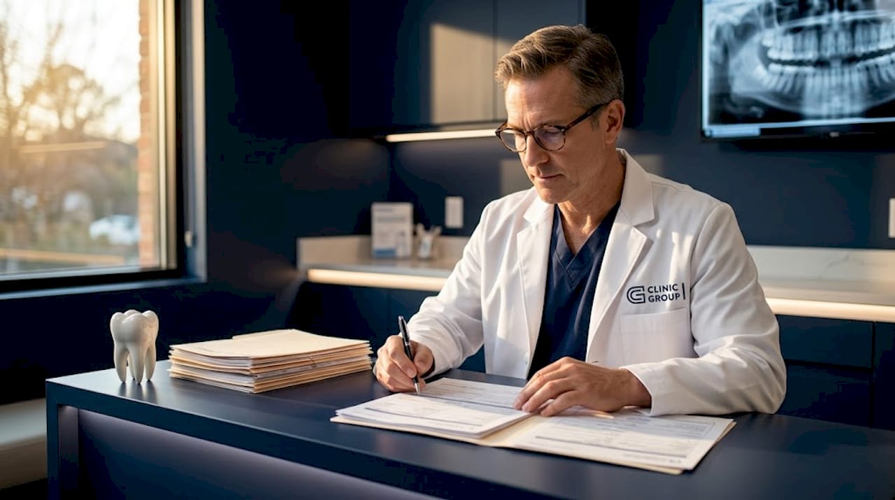 Dentist reviewing insurance forms at desk in office