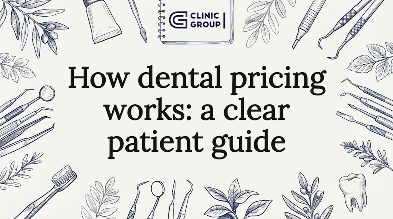 Decorative dental title card illustration with dental tools