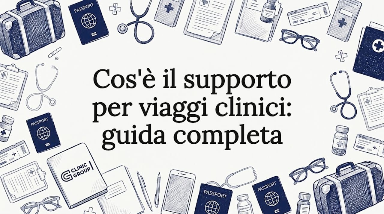Illustrazione decorativa per l’organizzazione di viaggi clinici, realizzata su carta chiara