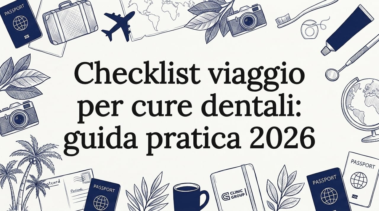 Illustrazione decorativa della copertina per la checklist di viaggio odontoiatrico