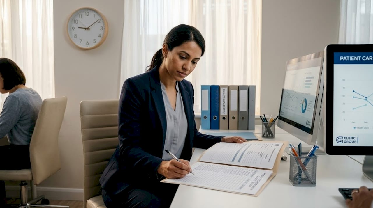 Clinic staff reviewing patient file at desk