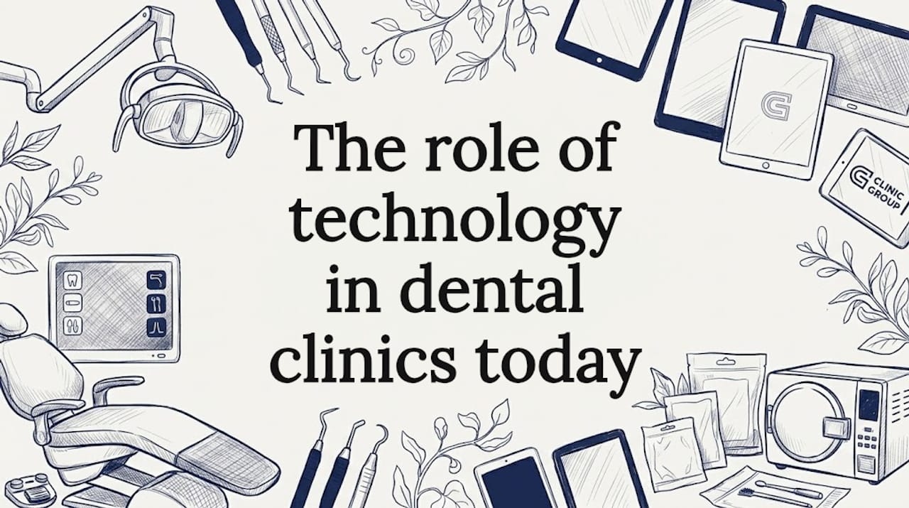Decorative title card featuring hand-drawn dental tools and tech frames