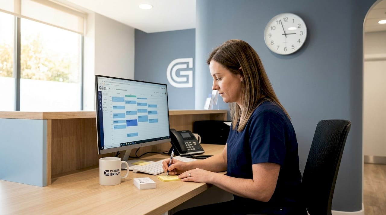 Dental clinic administrator manages digital schedule at front desk
