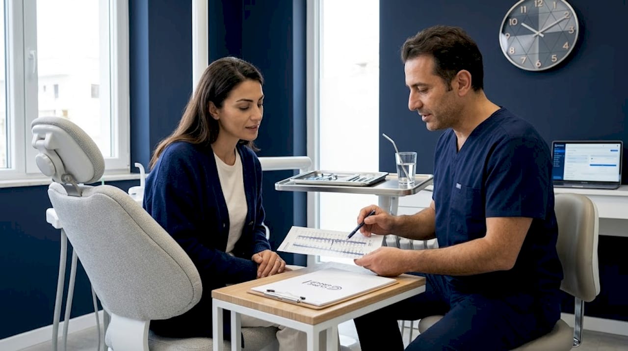 Dentist and patient reviewing digital dental X-ray together