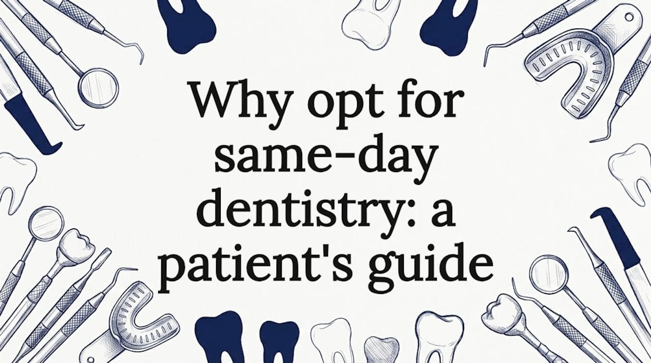 Decorative dental-themed title card illustration with clear text area