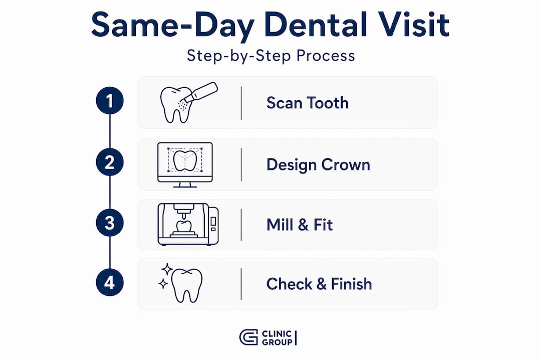 Infographic showing same-day dental restoration steps