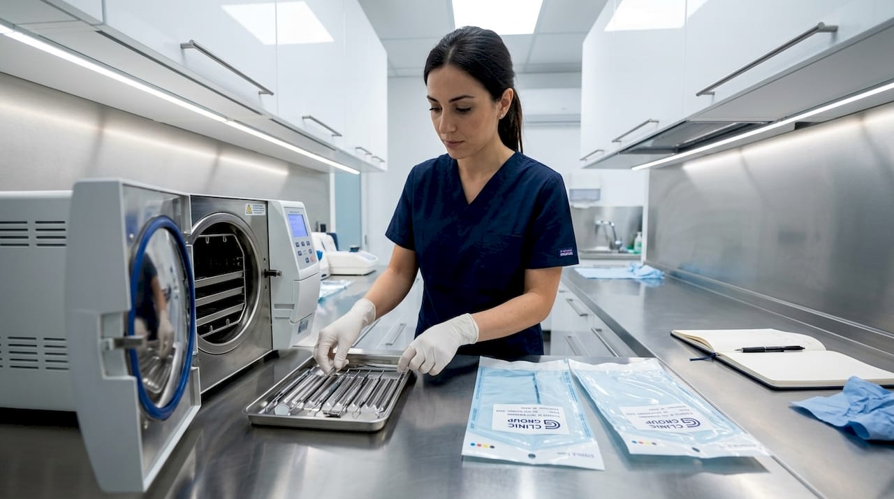 In una clinica odontoiatrica all’avanguardia, l’assistente si occupa con cura della sterilizzazione degli strumenti, garantendo sempre la massima igiene.