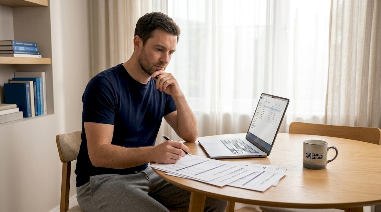 Man reviews medical package paperwork at kitchen table