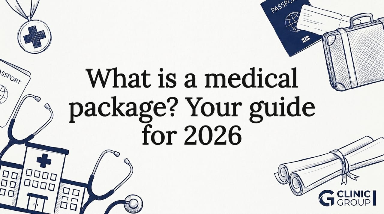 Decorative title card with medical and travel sketches