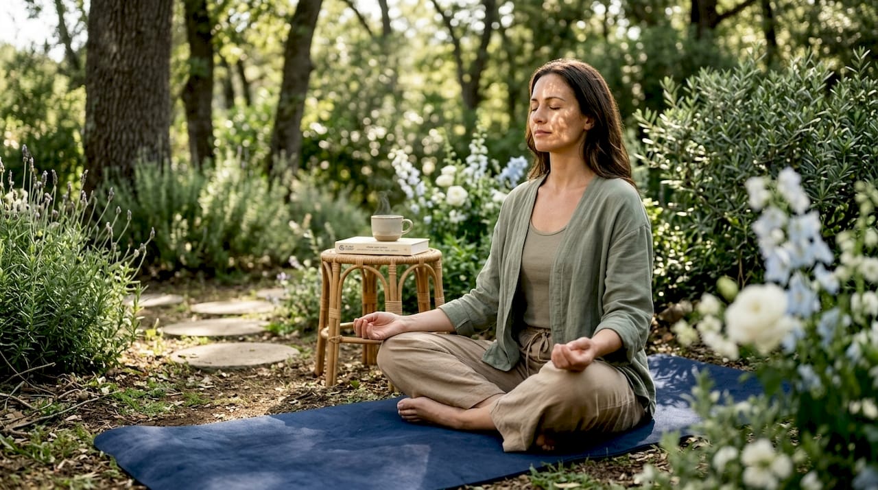 Woman meditating in sunlit living room