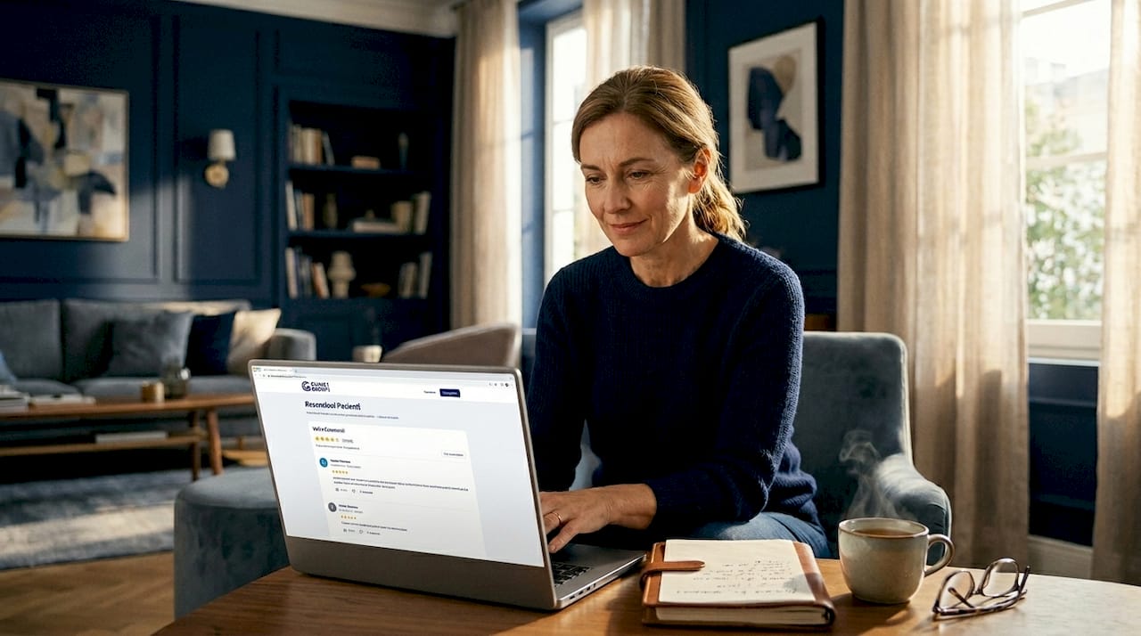 Donna che consulta recensioni mediche al computer portatile