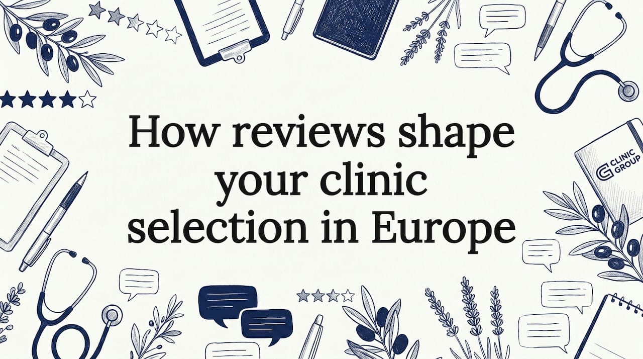 Decorative title card with healthcare and review icons